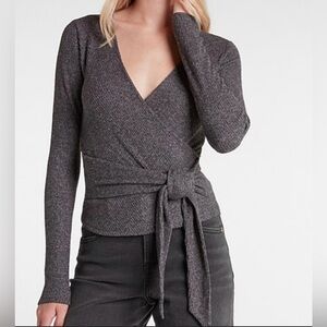 Express Gray Ribbed Faux Wrap Tie V-Neck Long Sleeve Top Sz XS